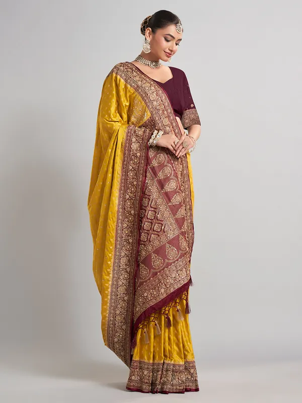 Vibrant mustard yellow satin silk saree for festive occasions