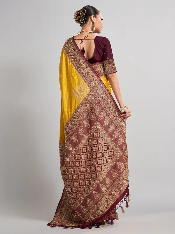 Vibrant mustard yellow satin silk saree for festive occasions