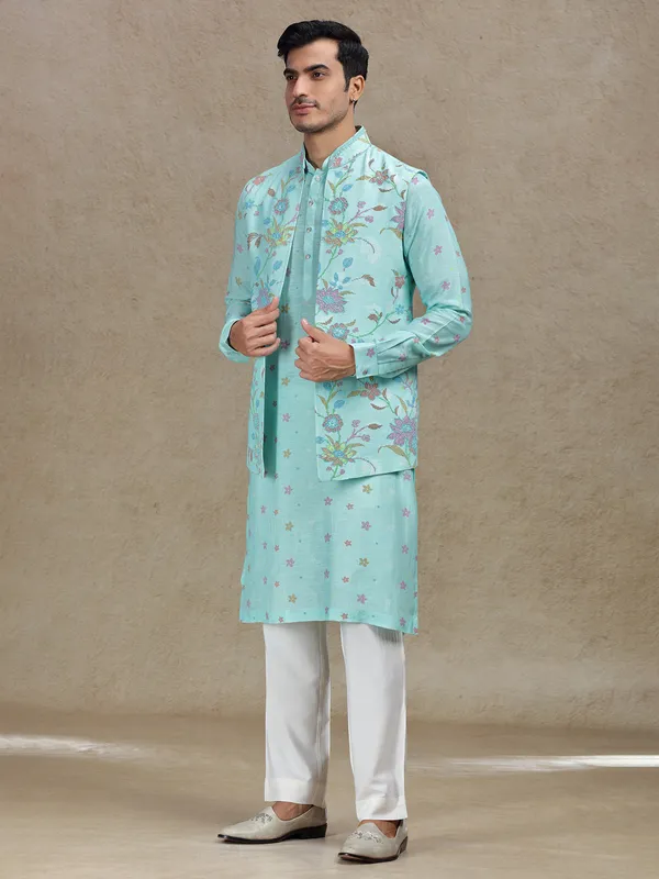 Vibrant style aqua waistcoat set for festive celebrations