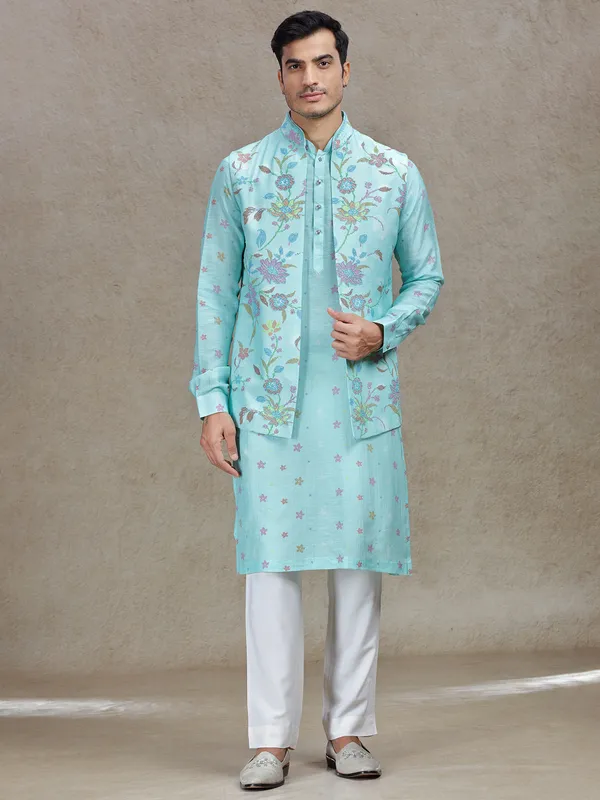 Vibrant style aqua waistcoat set for festive celebrations