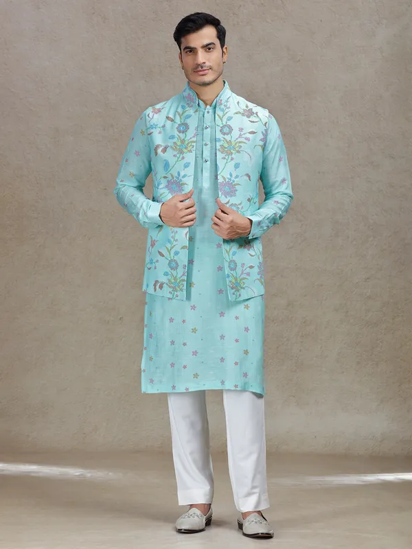 Vibrant style aqua waistcoat set for festive celebrations