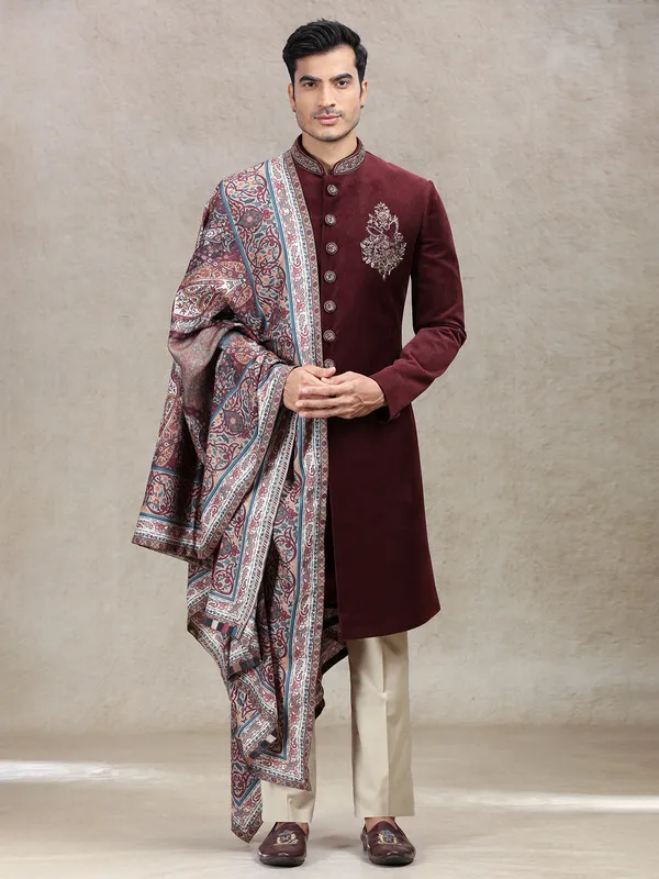 Vintage maroon velvet sherwani in embroidery patch work