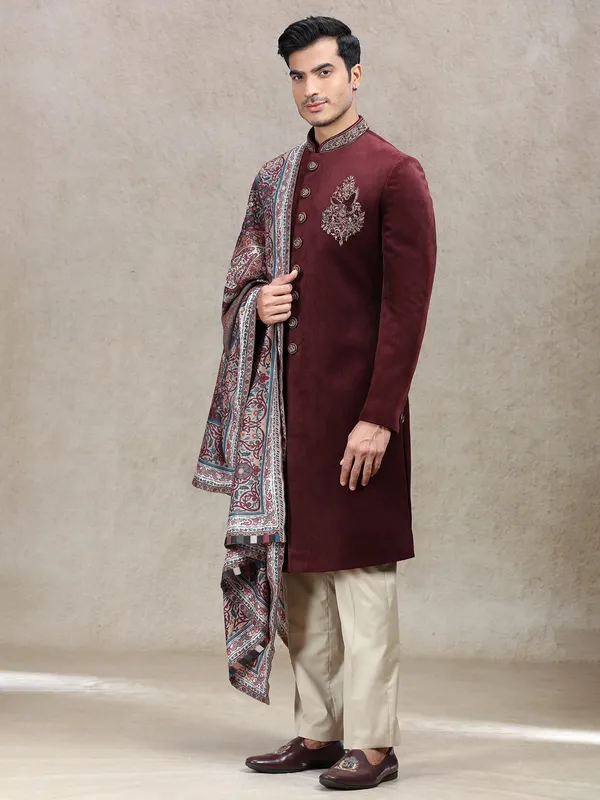 Vintage maroon velvet sherwani in embroidery patch work