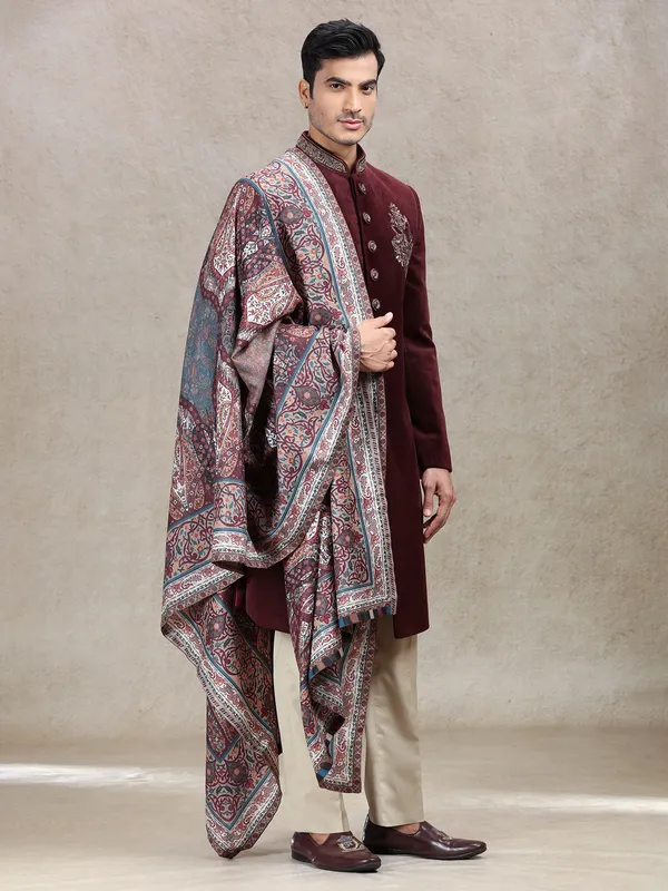 Vintage maroon velvet sherwani in embroidery patch work