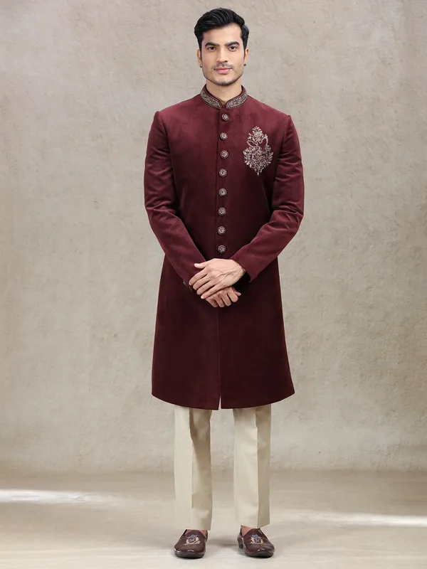 Vintage maroon velvet sherwani in embroidery patch work