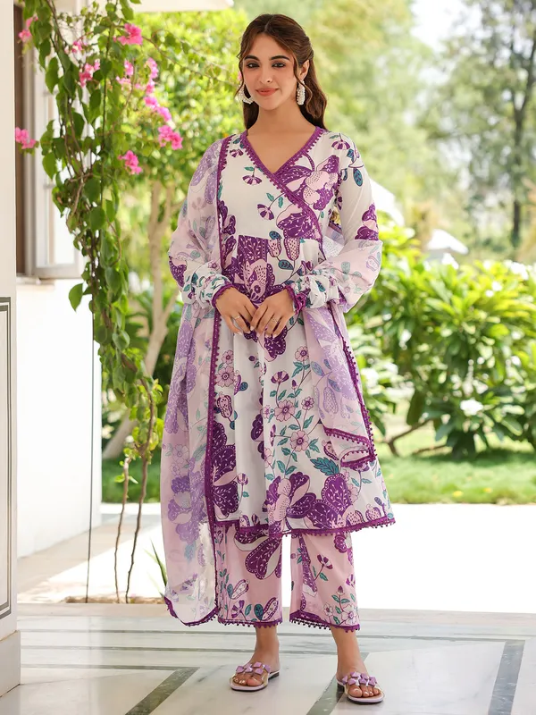 Violet and white cotton kurti set