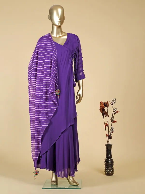 Violet floor length suit with printed dupatta