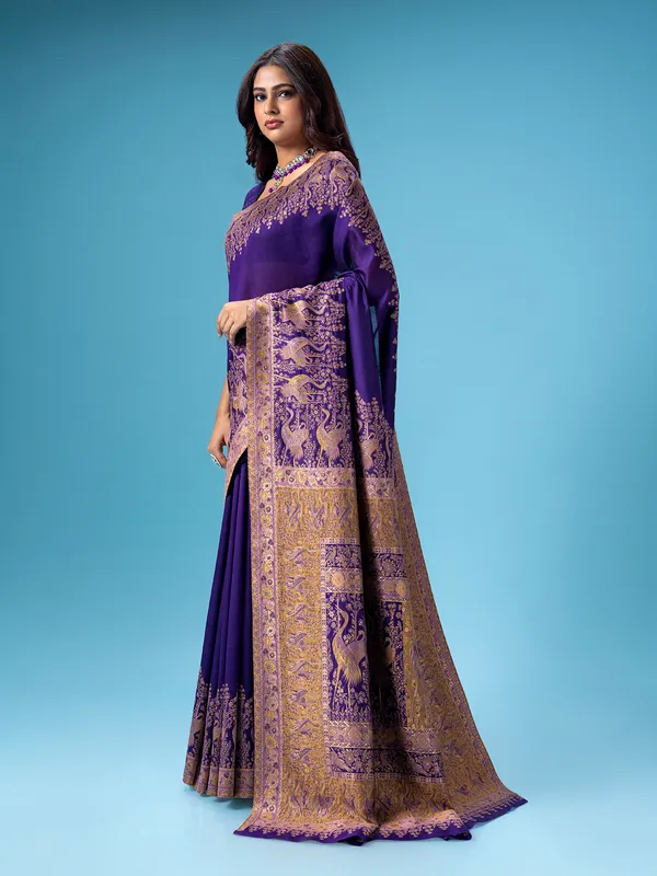Violet pashmina silk saree for wedding