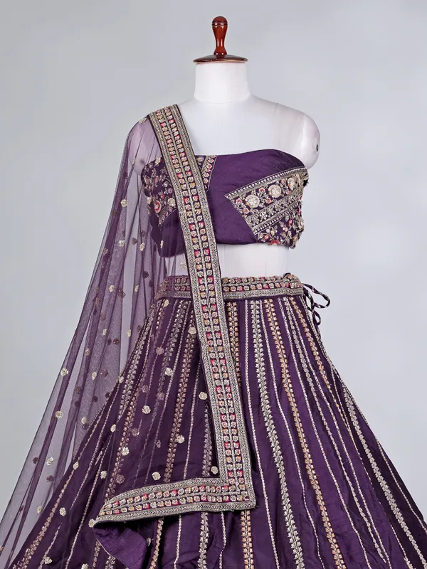 Violet raw silk lehenga choli with zardosi work