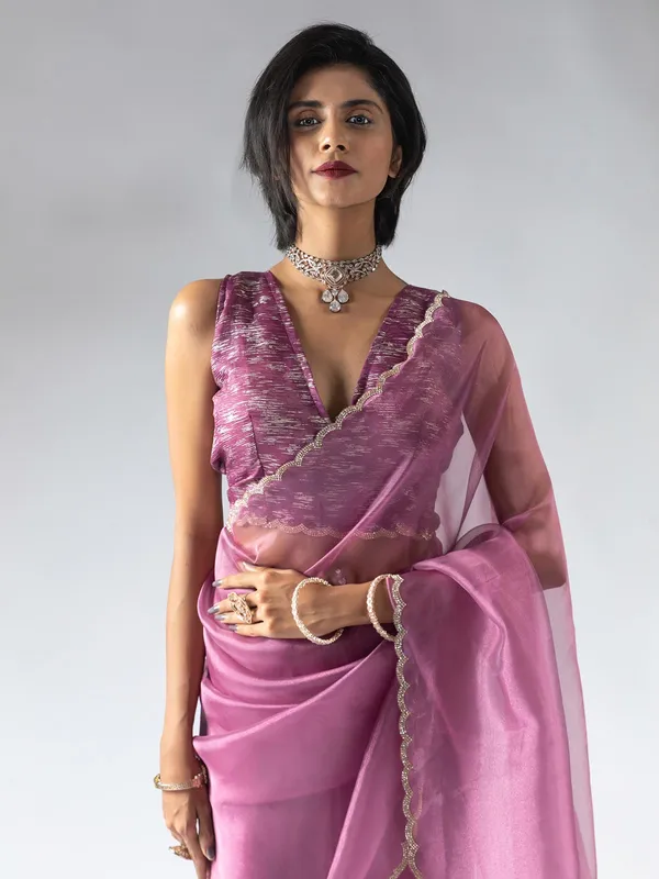 Violet ready to wear organza saree for party wear