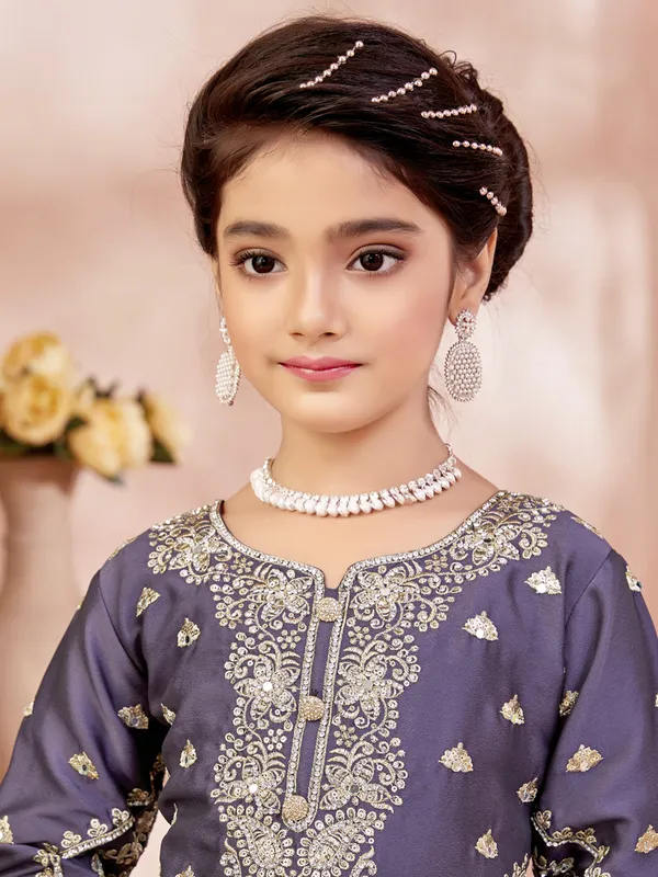 Violet silk pakistani palazzo suit with embroidery