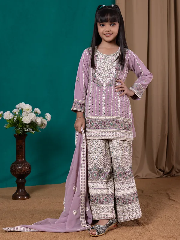 Violet stylish georgette palazzo suit for festive