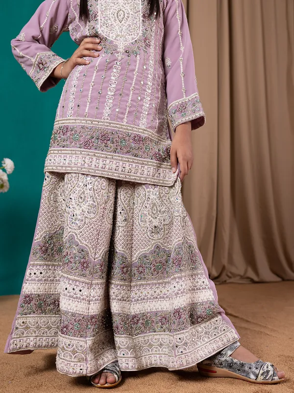 Violet stylish georgette palazzo suit for festive