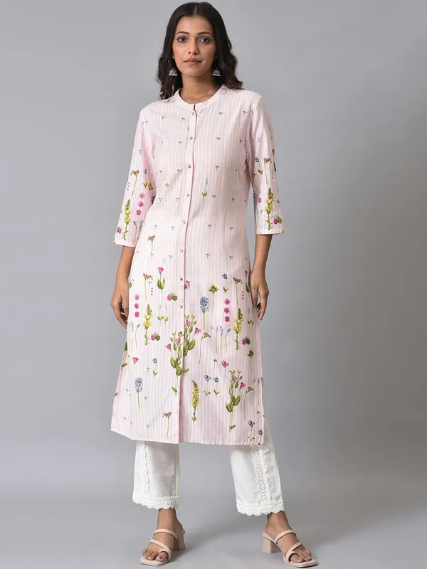 W baby pink cotton printed kurti
