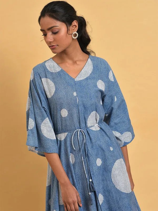 W blue cotton polka printed dress
