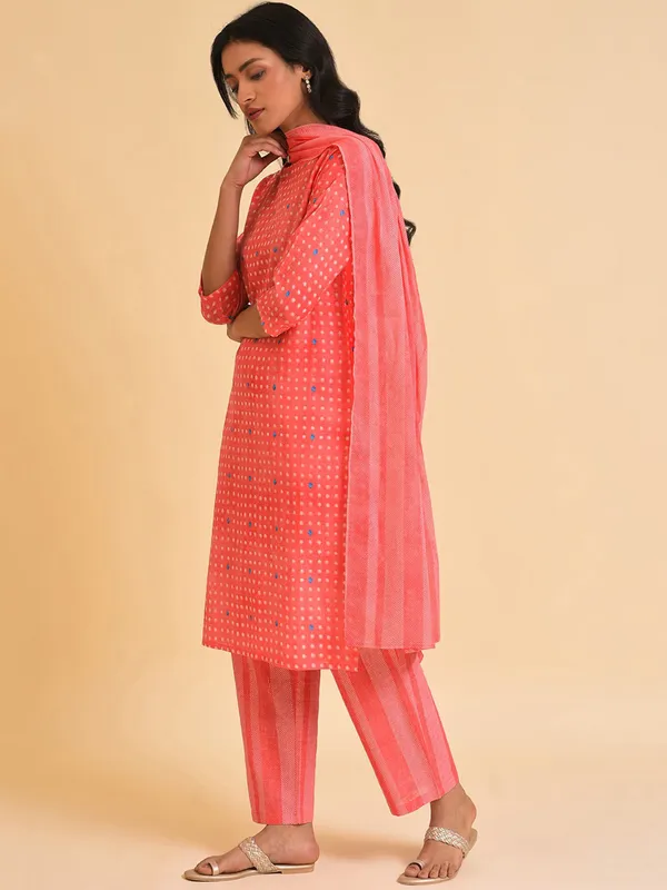 W coral pink cotton kurti set