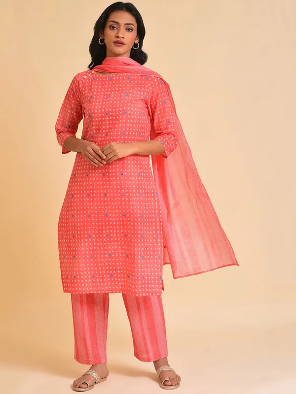 W coral pink cotton kurti set