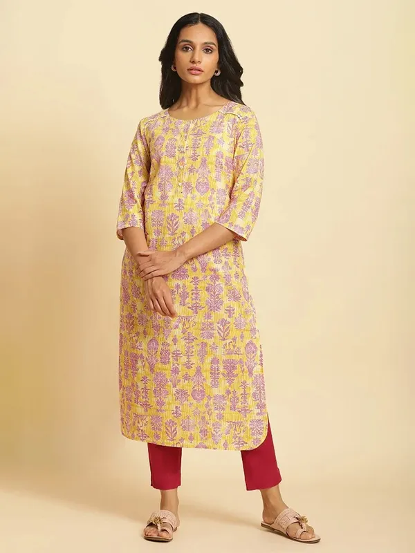 W printed cotton kurti in yellow