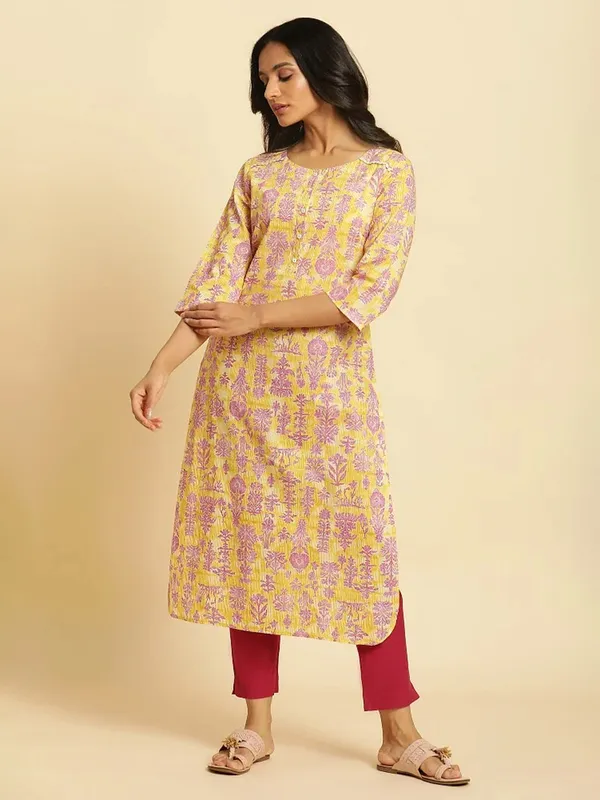 W printed cotton kurti in yellow