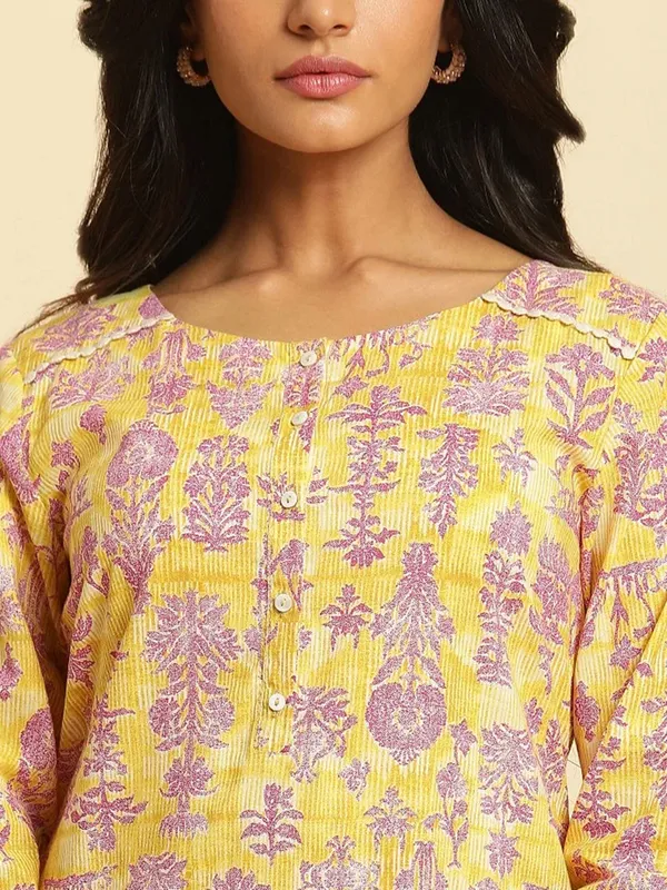 W printed cotton kurti in yellow