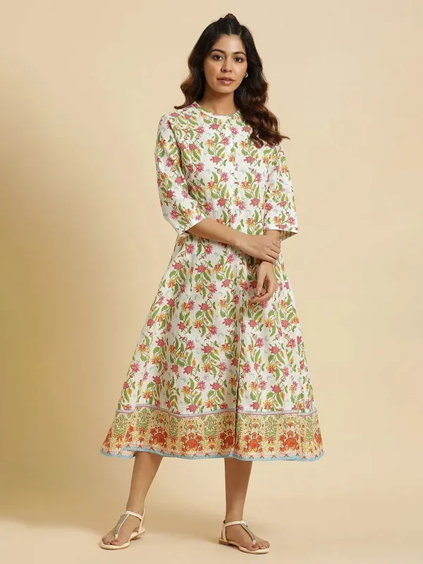 W printed cotton white long kurti