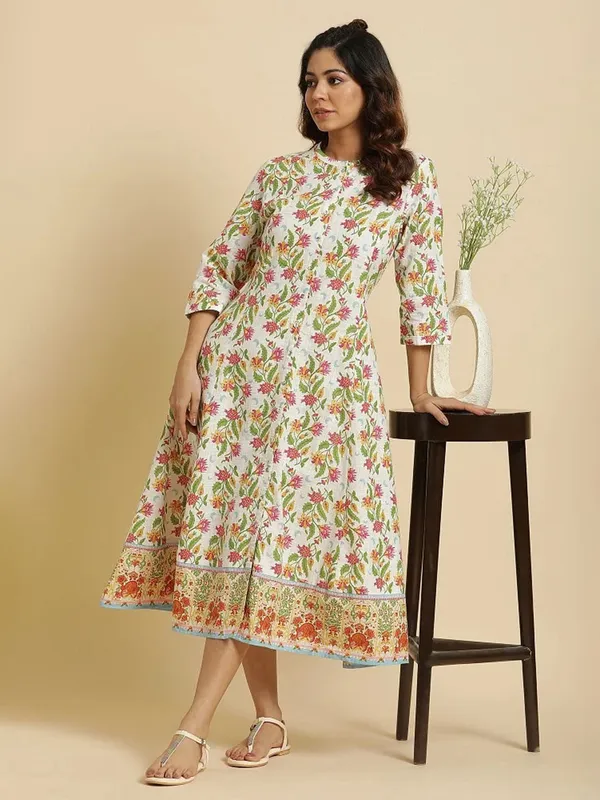 W printed cotton white long kurti