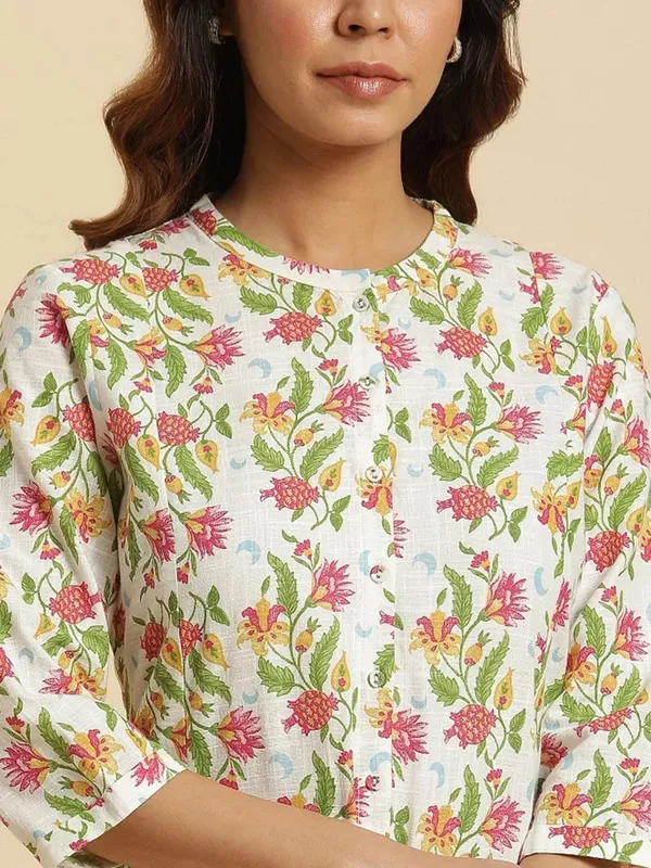 W printed cotton white long kurti