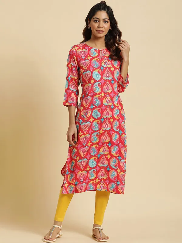 W printed red cotton kurti