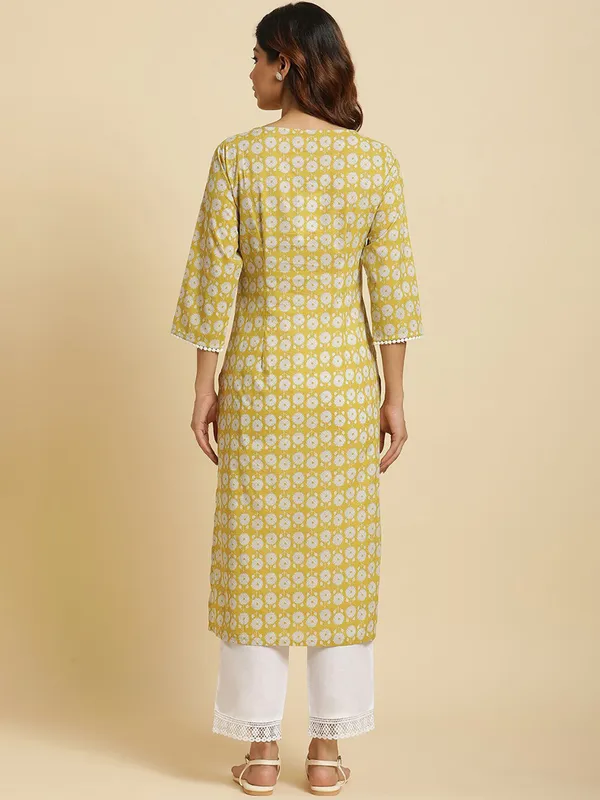 W printed yellow cotton kurti