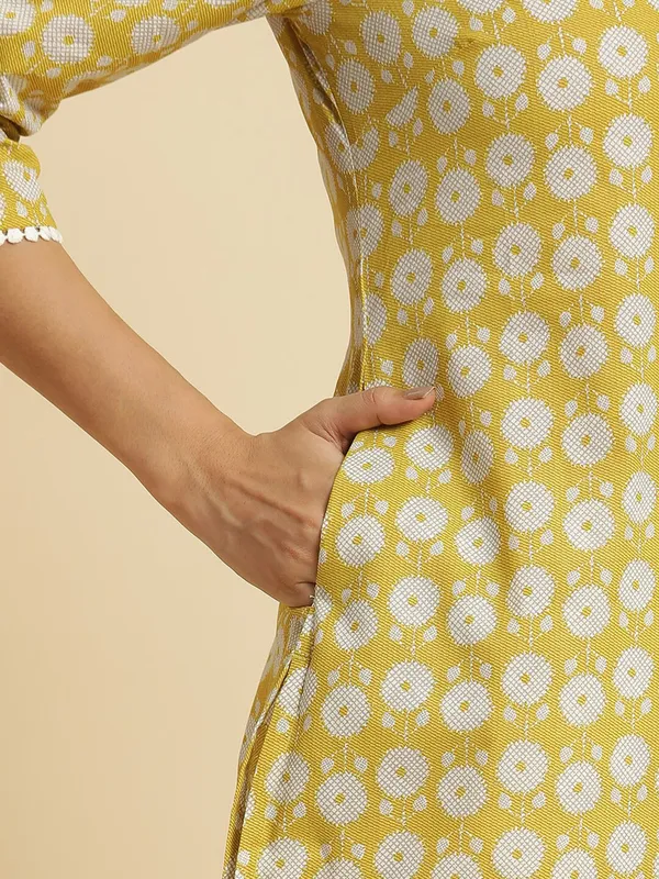 W printed yellow cotton kurti