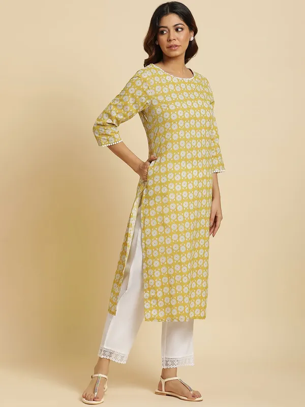 W printed yellow cotton kurti