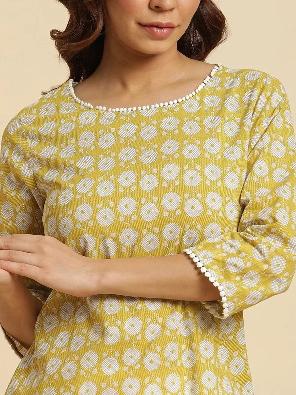 W printed yellow cotton kurti