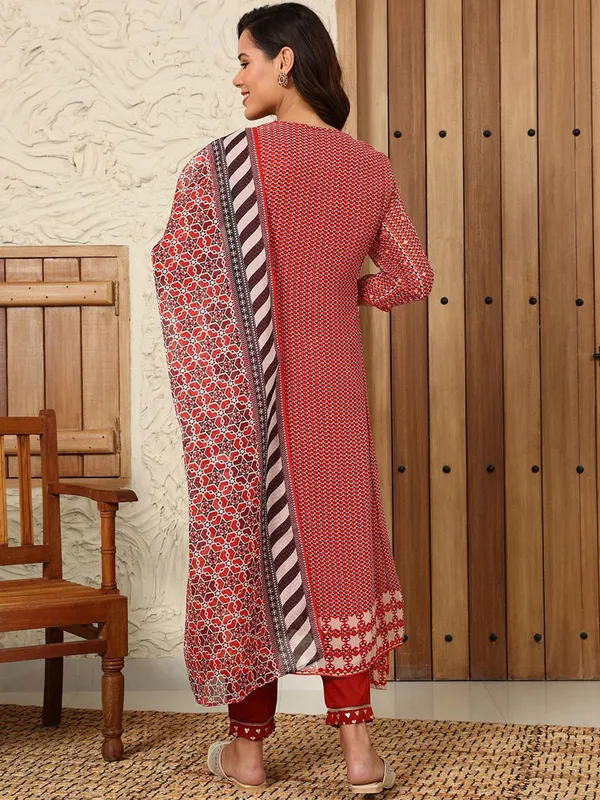 W red cotton printed kurti set