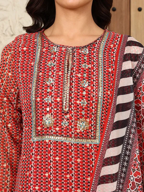 W red cotton printed kurti set