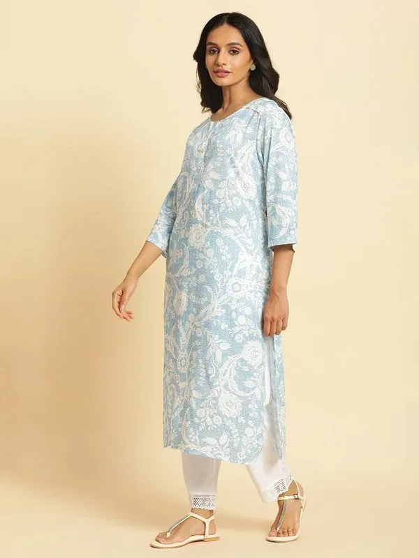 W sky blue cotton printed kurti
