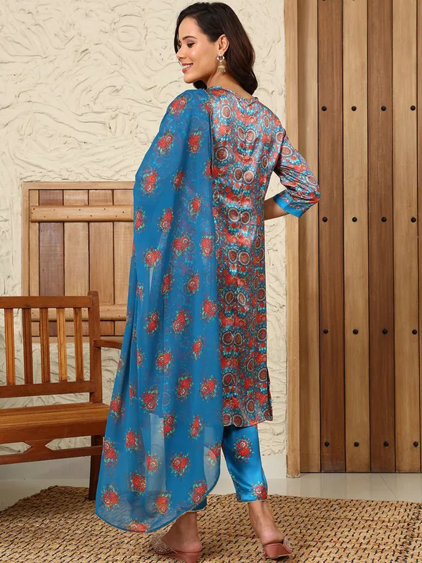 W sky blue silk printed kurti set