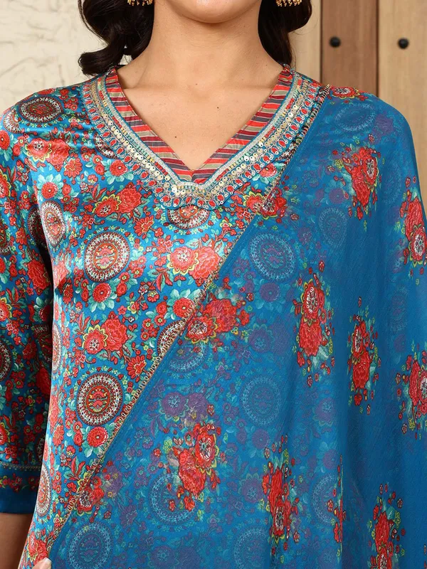 W sky blue silk printed kurti set