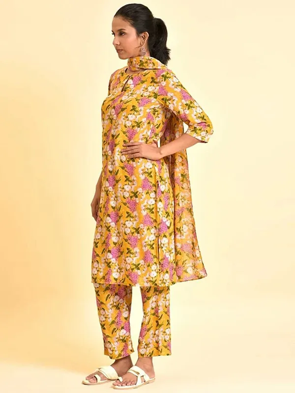 W yellow silk floral printed kurti set