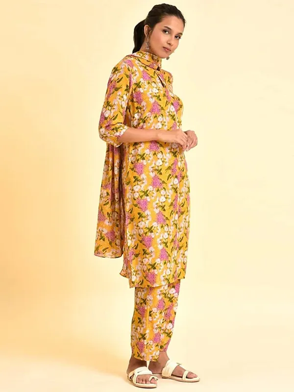 W yellow silk floral printed kurti set