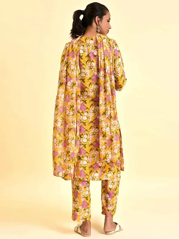 W yellow silk floral printed kurti set