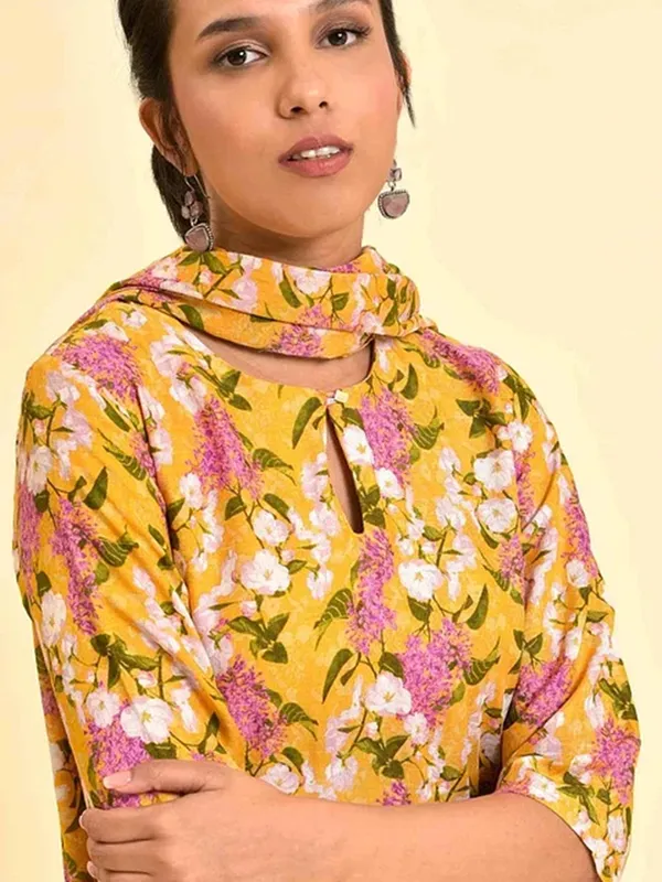 W yellow silk floral printed kurti set