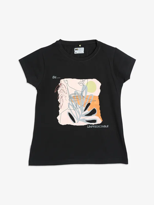 Wat a Gal black cotton printed t shirt