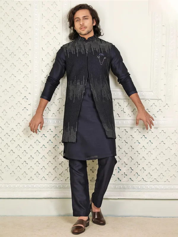 Weddiing wear navy silk indowestern