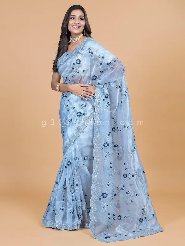 Wedding and reception wear light grey organza saree