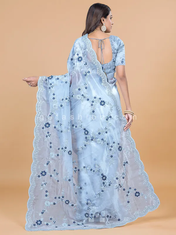 Wedding and reception wear light grey organza saree
