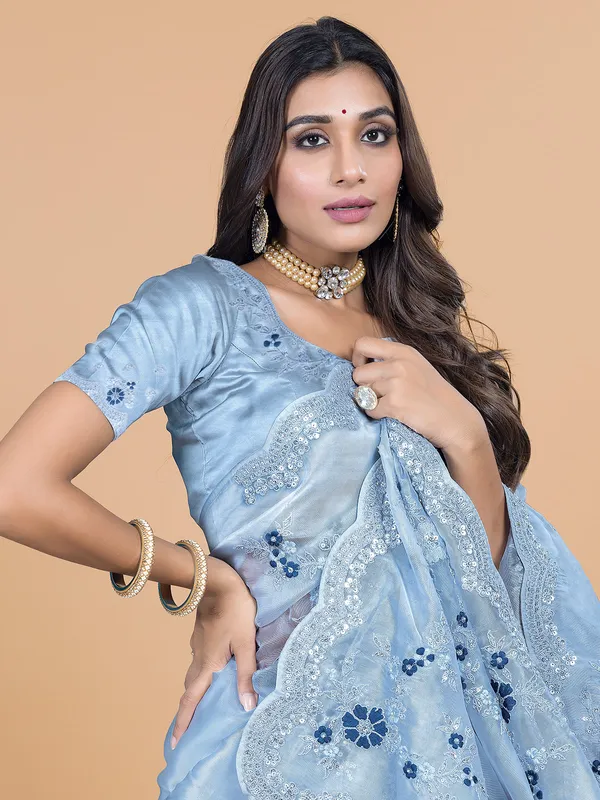 Wedding and reception wear light grey organza saree