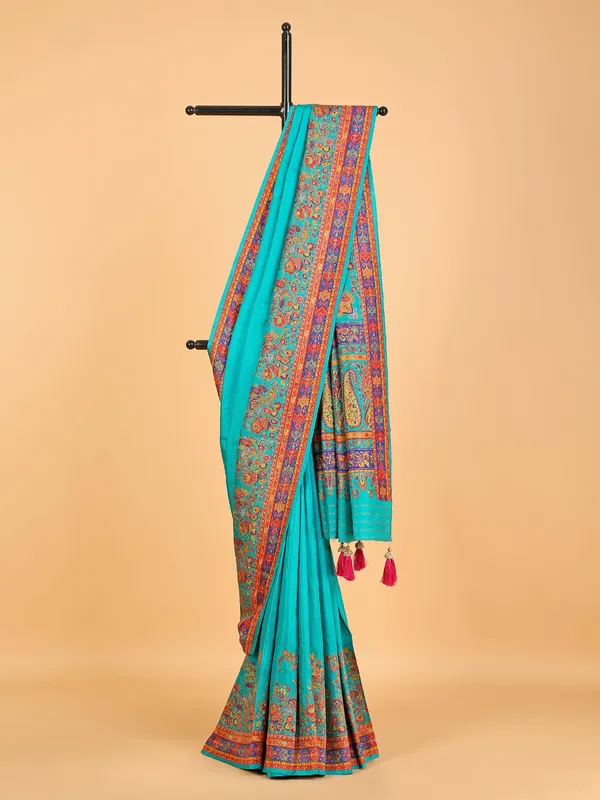 Wedding aqua printed pashmina silk saree