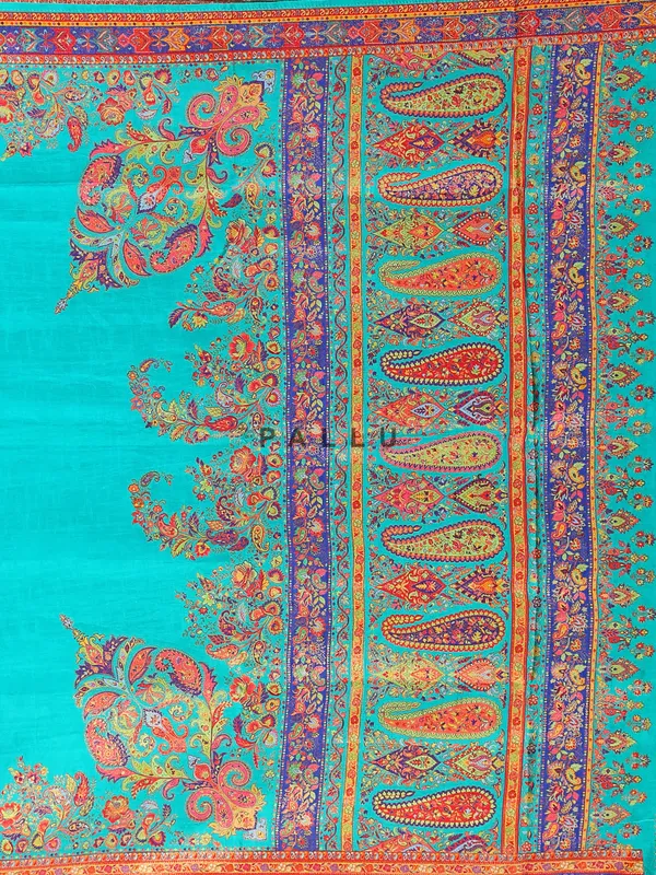 Wedding aqua printed pashmina silk saree