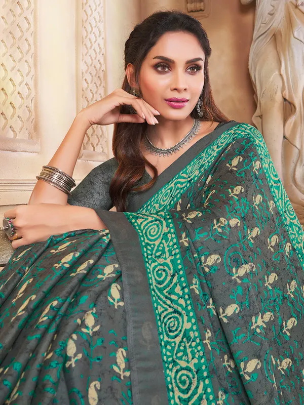 Festive grey and green fantastic crepe saree