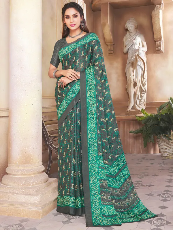 Festive grey and green fantastic crepe saree